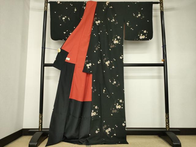 平和屋着物●上質な小紋 花丸文 黒地 ロング丈 洗える着物 AABK9378ck