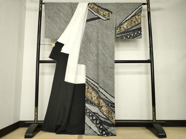 平和屋着物●訪問着 総絞り 刺繍 草花文 黒地 金彩 ますいわ屋扱い 正絹 逸品 AABK9383ck