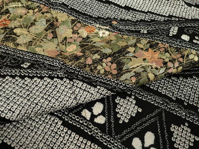 平和屋着物●訪問着 総絞り 刺繍 草花文 黒地 金彩 ますいわ屋扱い 正絹 逸品 AABK9383ck