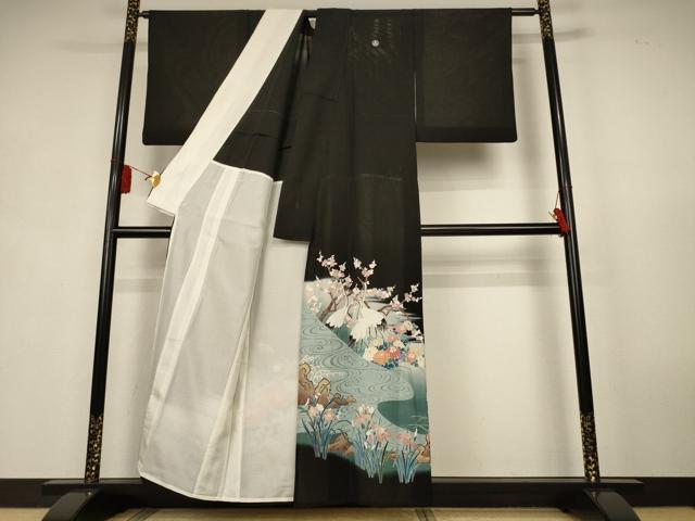 平和屋着物*夏物 黒留袖 絽 作家物 流水花鳥文 金彩 正絹 逸品 AABK9434jd