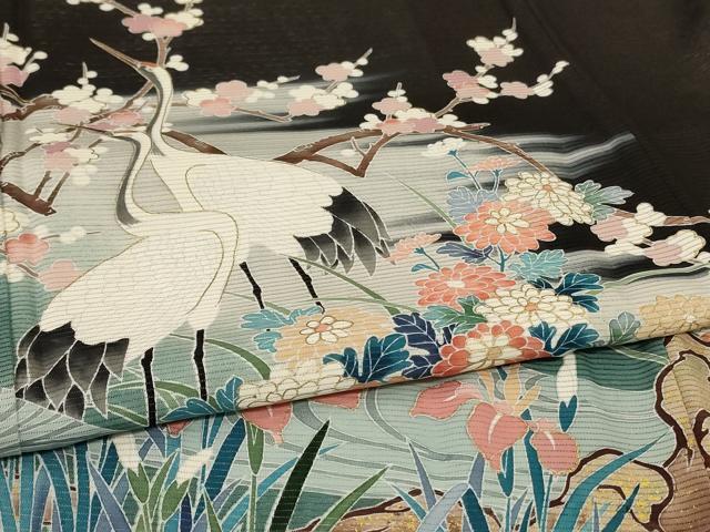平和屋着物*夏物 黒留袖 絽 作家物 流水花鳥文 金彩 正絹 逸品 AABK9434jd