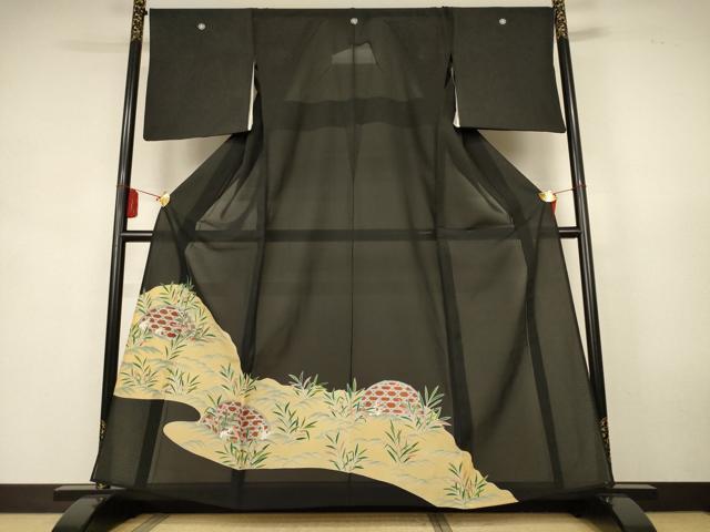 平和屋着物*夏物 黒留袖 絽 駒刺繍 流水草葉文 銀彩 正絹 逸品 AABK9435jd