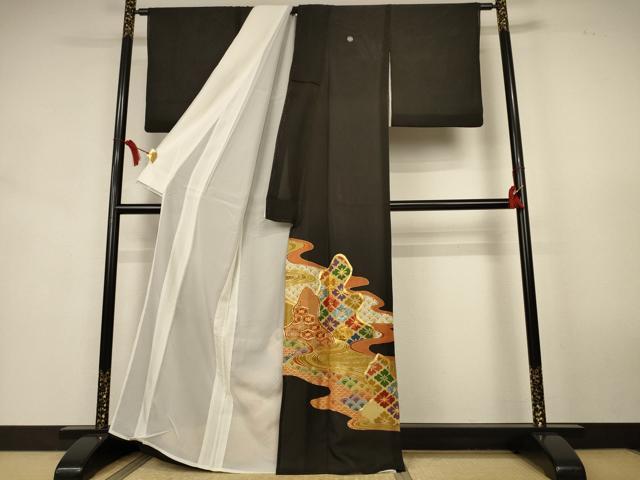 平和屋着物*夏物 黒留袖 絽 駒刺繍 流水吉祥文 金彩 正絹 逸品 AABK9436jd