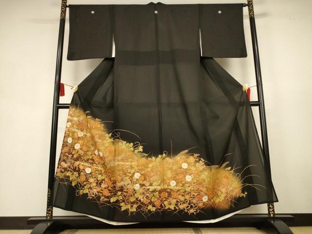 平和屋着物*夏物 黒留袖 絽 駒刺繍 草花文 暈し染め 正絹 逸品 AABK9438jd