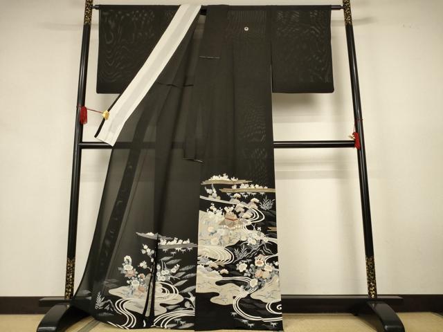 平和屋着物*夏物 黒留袖 絽 駒刺繍 風景草花文 金彩 正絹 逸品 AABK9439jd