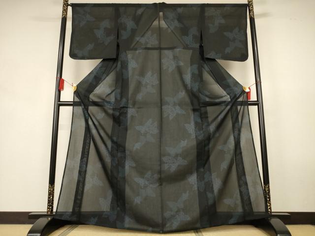 平和屋着物*夏物 小紋 紗 吉祥舞蝶文 黒地 洗える着物 AABK9448jd