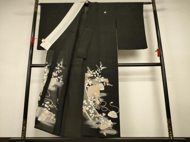 平和屋着物*夏物 アンティーク 大正ロマン 黒留袖 絽 刺繍 貝桶花文 暈し染め 正絹 逸品 AABK9483jd