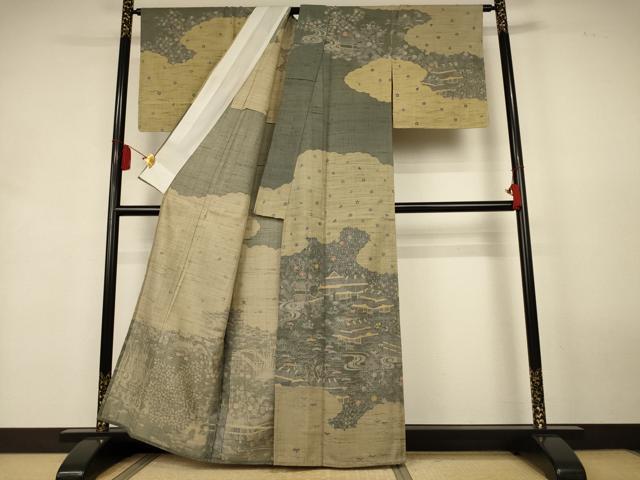 平和屋着物*夏物 訪問着 生紬 風景文 松竹梅 正絹 逸品 未使用 AABK9508jd