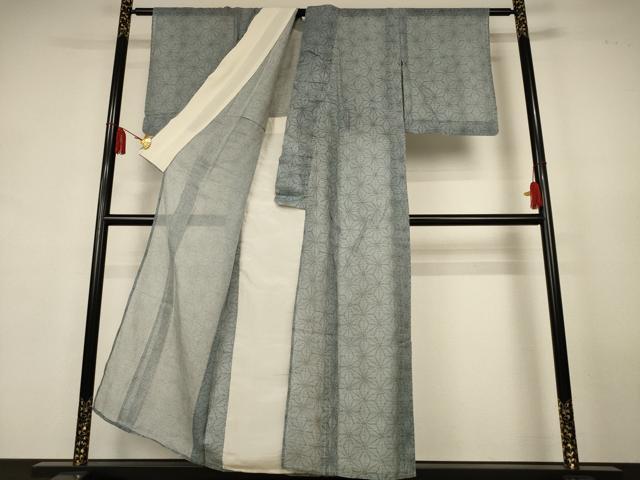 平和屋着物*夏物 小紋 浴衣兼用 絹紅梅 麻の葉文様 絹綿 AABK9547jd