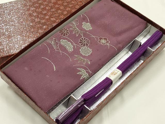 平和屋着物●和装小物 帯締め・帯揚げセット 平組 あい美苑 松竹梅芝花文 銀彩 正絹 逸品 未使用 AABK9786ay