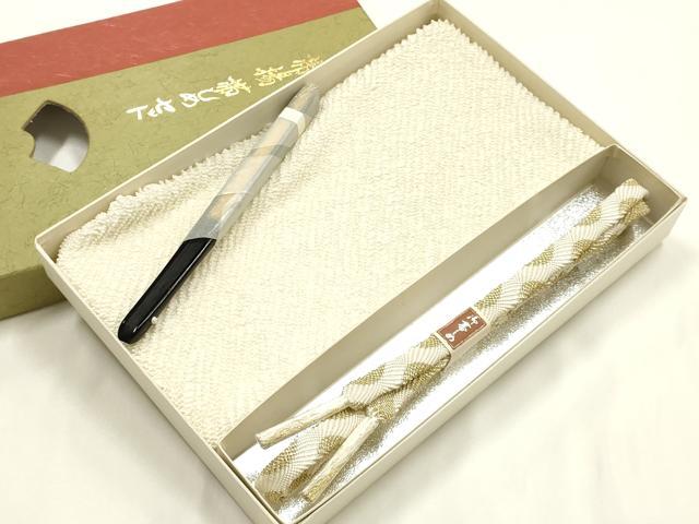 平和屋着物●和装小物 帯締め・帯揚げ・扇子セット 礼装用 平組 柄絞り 斜縞 金糸 正絹 逸品 未使用 AABK9795ay