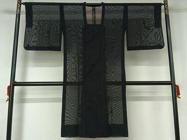 平和屋着物▽道行コート スリーシーズン 春夏秋 塵除け 縞 黒地 ロング丈 AABK9809jh