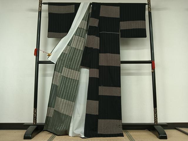 平和屋着物▽小紋 単衣 横段文 洗える着物 AABK9812jh