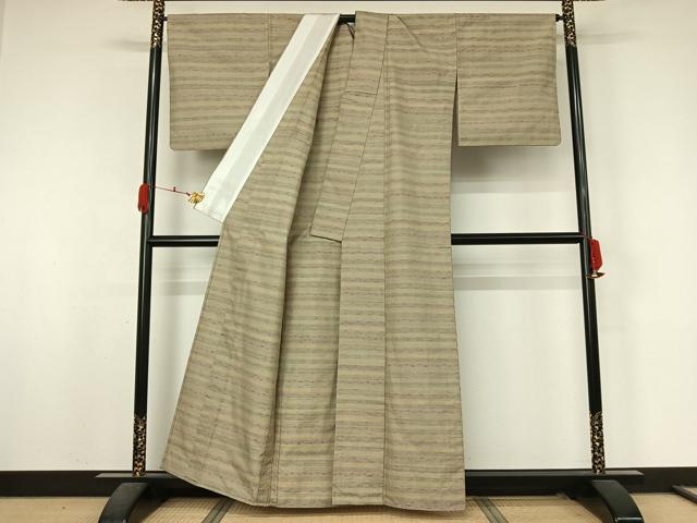 平和屋着物▽信州紬 単衣 横段文 証紙付き 正絹 逸品 AABK9814jh