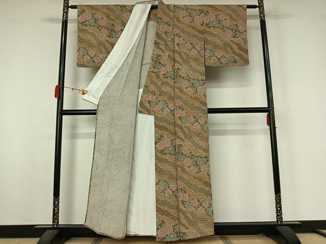 平和屋着物▽上質な小紋 単衣 吉祥花文 鬼しぼ縮緬 正絹 逸品 AABK9816jh