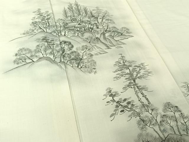 平和屋着物▽訪問着 単衣 紬地 手描き 風景文 正絹 逸品 AABK9824jh