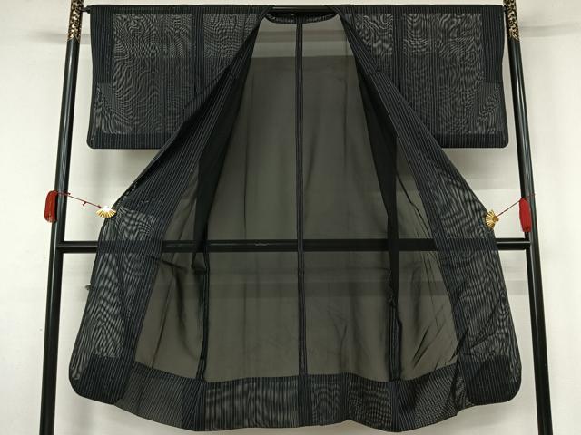 平和屋着物▽道行コート スリーシーズン 春夏秋 塵除け 縞 黒地 ロング丈 正絹 逸品 AABK9830jh