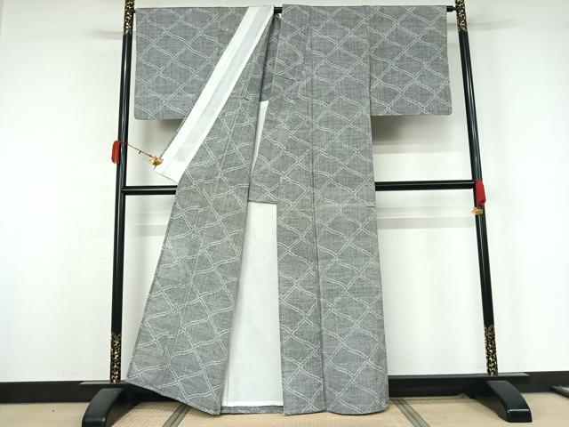 平和屋着物▽上質な紬 単衣 幾何学文様 正絹 逸品 AABK9838jh