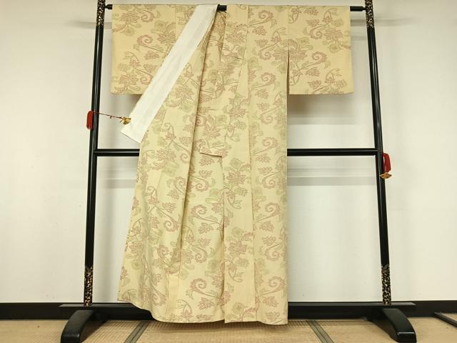 平和屋着物▽上質な紬 単衣 更紗花文 鈴乃屋扱い 正絹 逸品 AABK9841jh