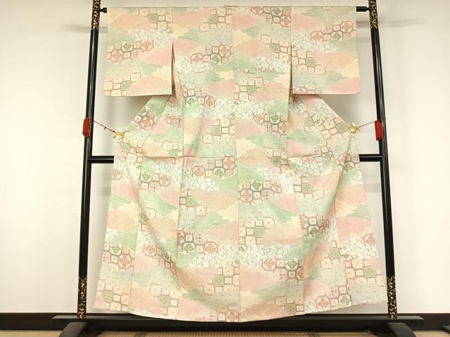 平和屋着物▽お召 単衣 雲取り正倉院花文 正絹 逸品 AABK9843jh