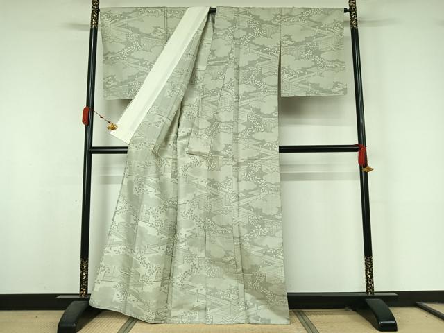 平和屋着物▽お召 単衣 風景松文 正絹 逸品 AABK9846jh