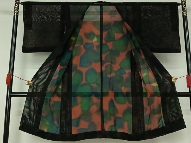 平和屋着物▽道行コート スリーシーズン 春夏秋 塵除け 霞文 黒地 ロング丈 正絹 逸品 AABK9853jh