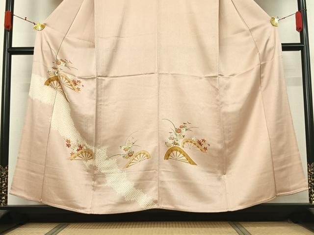 平和屋着物▽訪問着 単衣 友禅 絞り 片輪車花文 肌色 金彩 正絹 逸品 AABK9870jh