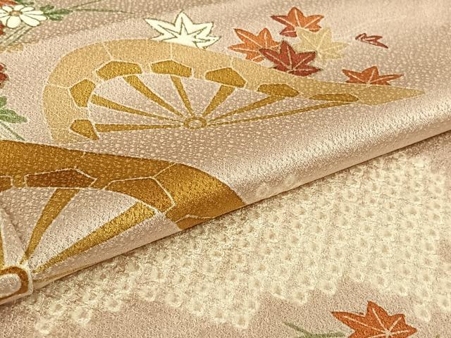 平和屋着物▽訪問着 単衣 友禅 絞り 片輪車花文 肌色 金彩 正絹 逸品 AABK9870jh