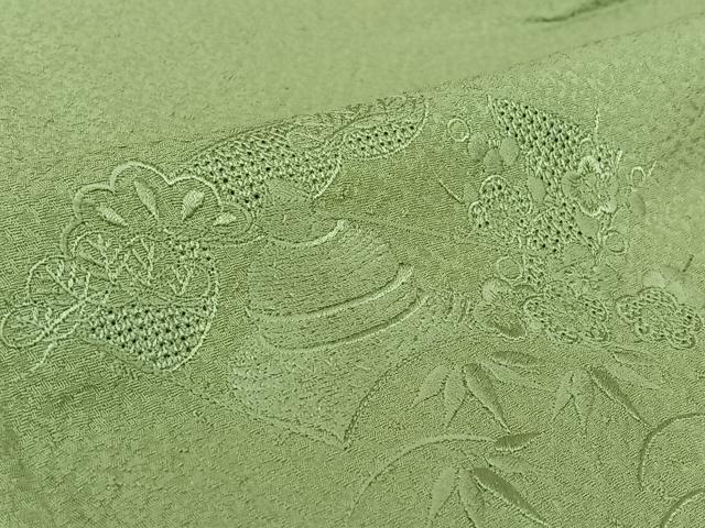 平和屋着物▽豪華色留袖 単衣 中国三大刺繍 汕頭刺繍 スワトウ刺繍 総刺繍 地紙松竹梅 薄萌葱色 正絹 逸品 AABK9875jh
