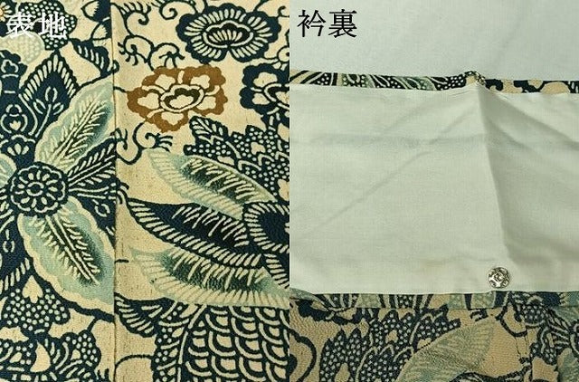 平和屋着物▽上質な小紋 単衣 藍 型染め 更紗花文 正絹 逸品 AABK9877jh