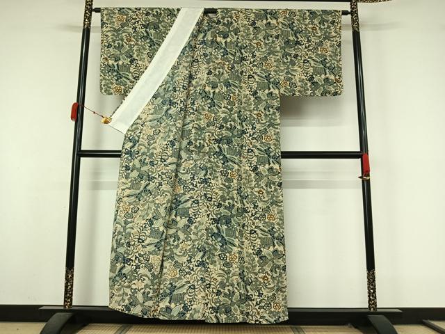 平和屋着物▽上質な小紋 単衣 藍 型染め 更紗花文 正絹 逸品 AABK9877jh