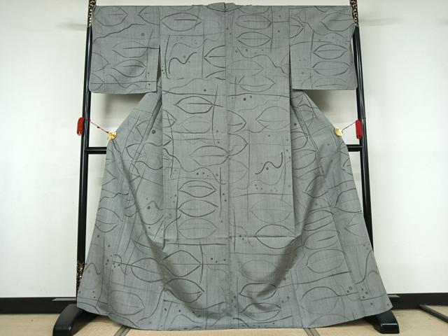 平和屋着物▽上質な紬 単衣 枝葉文 正絹 逸品 AABK9879jh