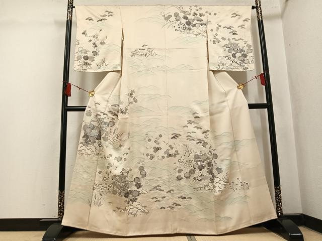 平和屋着物●訪問着 駒刺繍 松竹梅 立波風景草花文 銀彩 正絹 逸品 AABK9897ph