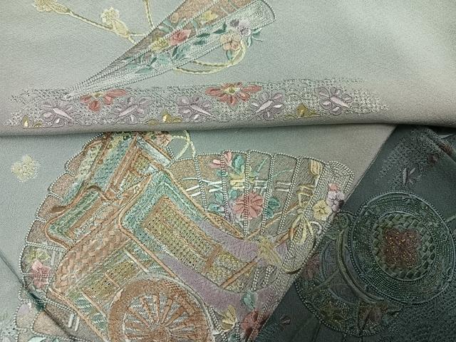 平和屋着物●訪問着 総刺繍 中国三大刺繍 汕頭刺繍 スワトウ刺繍 御所車檜扇花鼓文 暈し染め 金糸 正絹 逸品 AABK9910ph