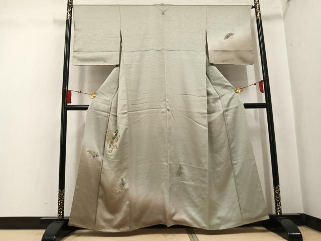平和屋着物●訪問着 駒刺繍 人物冊子扇面花文 暈し染め 金糸 正絹 逸品 未使用 AABK9926ph