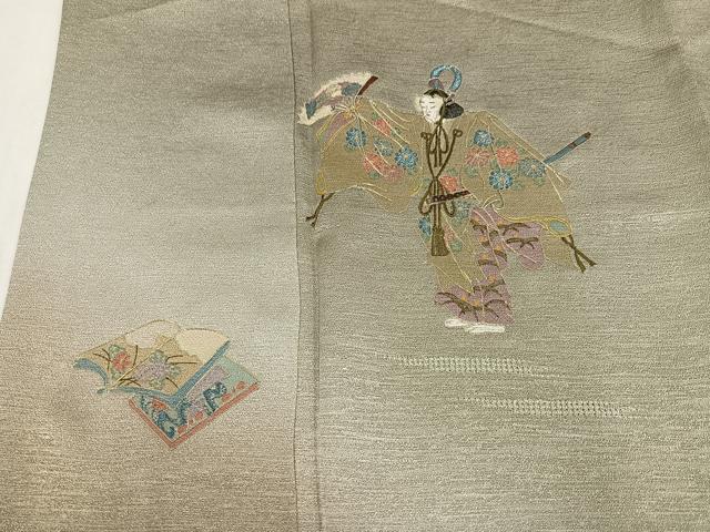 平和屋着物●訪問着 駒刺繍 人物冊子扇面花文 暈し染め 金糸 正絹 逸品 未使用 AABK9926ph