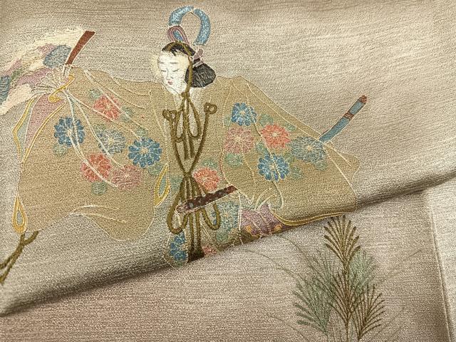 平和屋着物●訪問着 駒刺繍 人物冊子扇面花文 暈し染め 金糸 正絹 逸品 未使用 AABK9926ph
