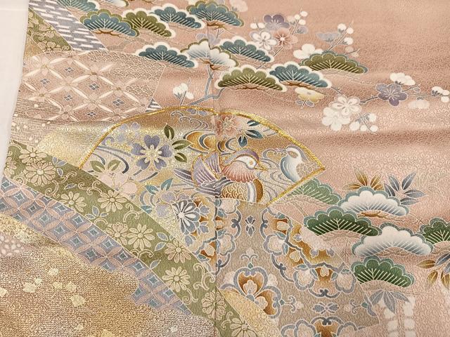 平和屋着物●訪問着 駒刺繍 地紙鴛鴦鳳凰草花文 暈し染め 金銀彩 正絹 逸品 未使用 AABK9930ph