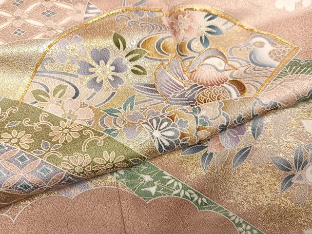 平和屋着物●訪問着 駒刺繍 地紙鴛鴦鳳凰草花文 暈し染め 金銀彩 正絹 逸品 未使用 AABK9930ph