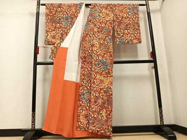 平和屋着物●上質な小紋 型染め 花唐草文 鬼しぼ縮緬 正絹 逸品 AABK9932ph