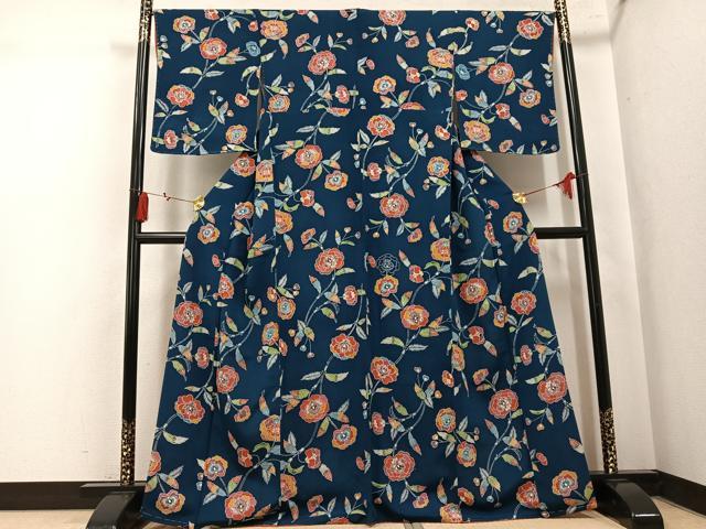 平和屋着物●上質な小紋 型染め 枝花文 鬼しぼ縮緬 正絹 逸品 AABK9935ph