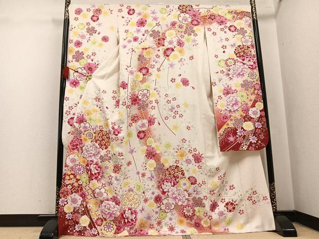 平和屋着物●豪華振袖 花蝶文 暈し染め 金銀彩 銀通し地 正絹 逸品 AABK9943ph