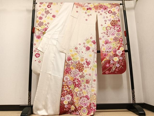 平和屋着物●豪華振袖 花蝶文 暈し染め 金銀彩 銀通し地 正絹 逸品 AABK9943ph