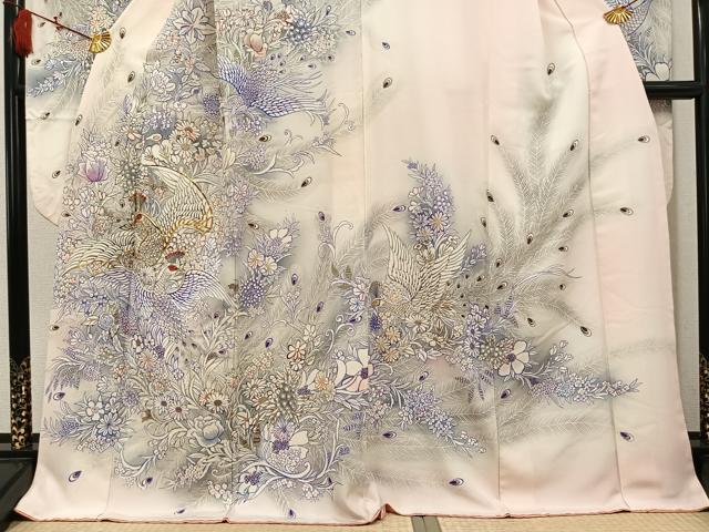 平和屋着物●豪華振袖 駒刺繍 孔雀花文 暈し染め 金彩 正絹 逸品 AABK9950ph