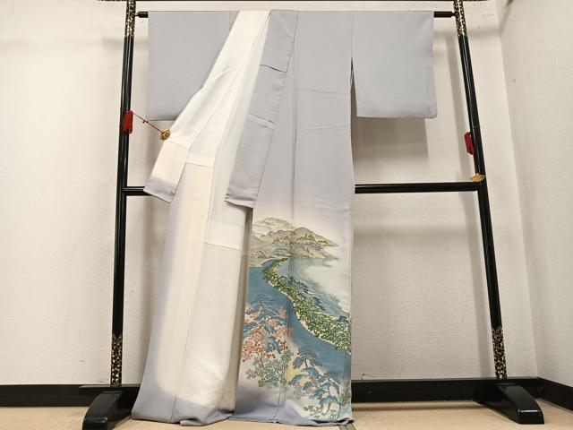 平和屋着物●豪華色留袖 寿光織 遠山風景樹林文 暈し染め 銀通し地 さが美扱い 正絹 逸品 AABK9966ph