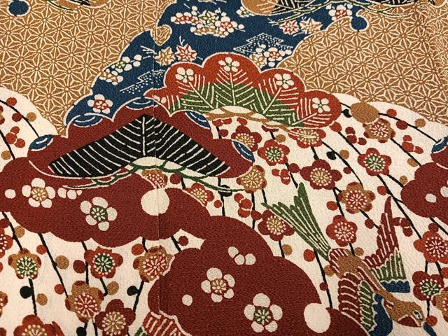 平和屋着物●訪問着 型染め 花鳥文 鬼しぼ縮緬 正絹 逸品 AABK9980ph
