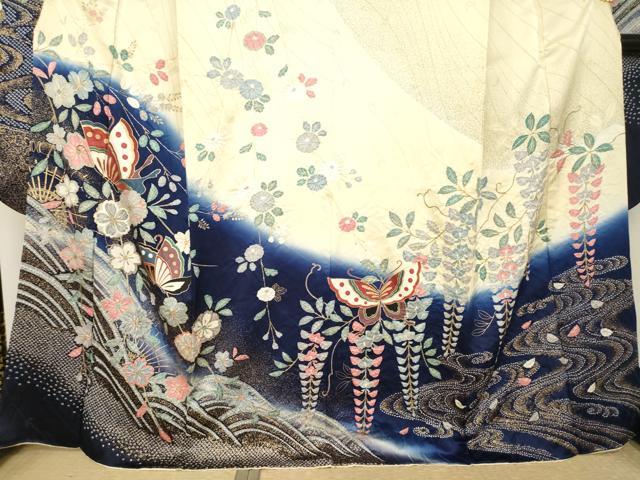 平和屋着物●豪華振袖 絞り 花蝶文 暈し染め 金彩 正絹 逸品 AABL0009ck