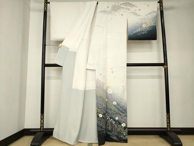 平和屋着物●訪問着 絞り 舞花文 暈し染め 金彩 金通し地 正絹 逸品 AABL0018ck