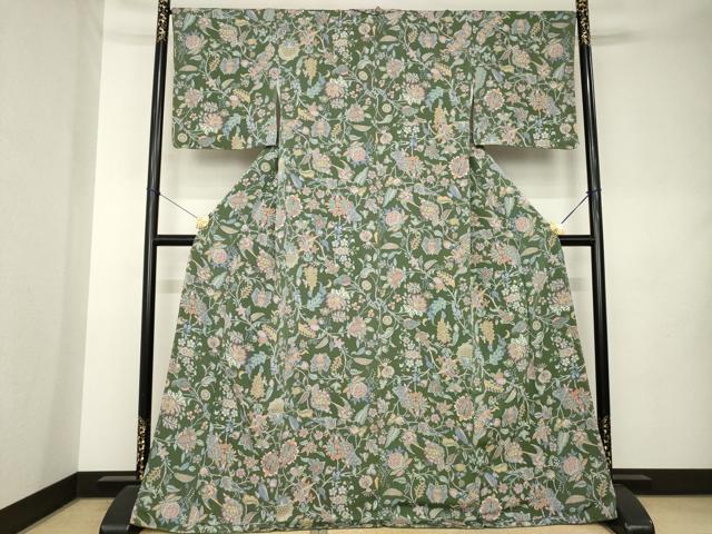 平和屋着物●上質な小紋 更紗花鳥文 鬼しぼ縮緬 ロング丈 正絹 逸品 未使用 AABL0030ck