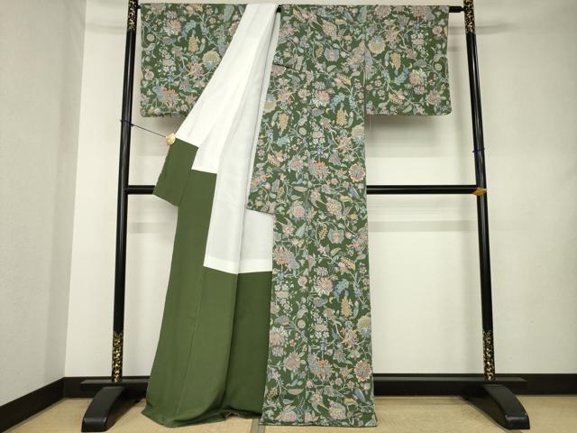 平和屋着物●上質な小紋 更紗花鳥文 鬼しぼ縮緬 ロング丈 正絹 逸品 未使用 AABL0030ck